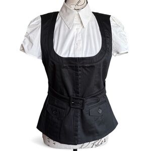 Chic Black & White Layered Shirt Vest Belted Top